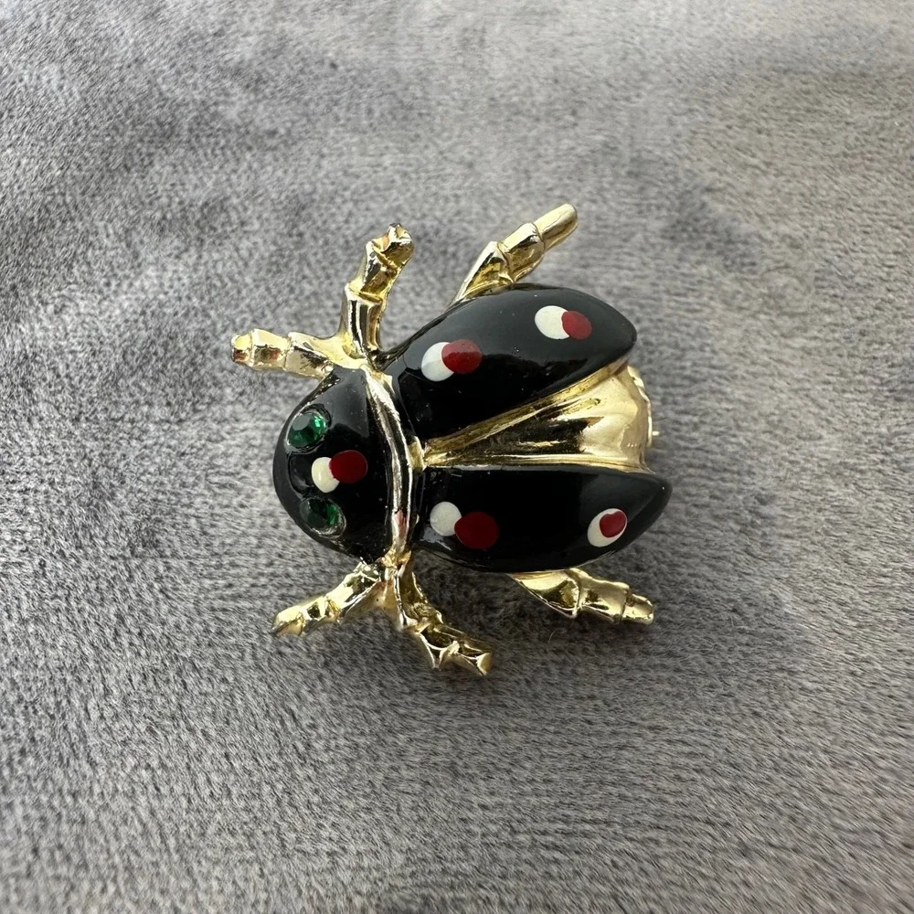 Ladybug Beetle Brooch‎ Black Enamel Red Polka Dot Green Eyes Gold Tone Vintage